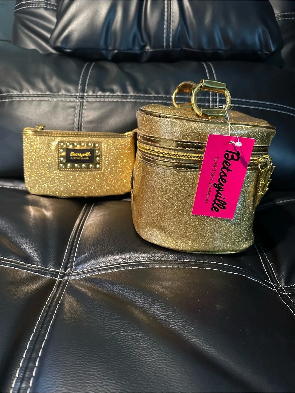 Betsey Johnson Gold Glitter Cosmetic Case Set